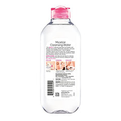 Garnier Micellar Water bottle label closeup; vegan and fragrance-free formula.