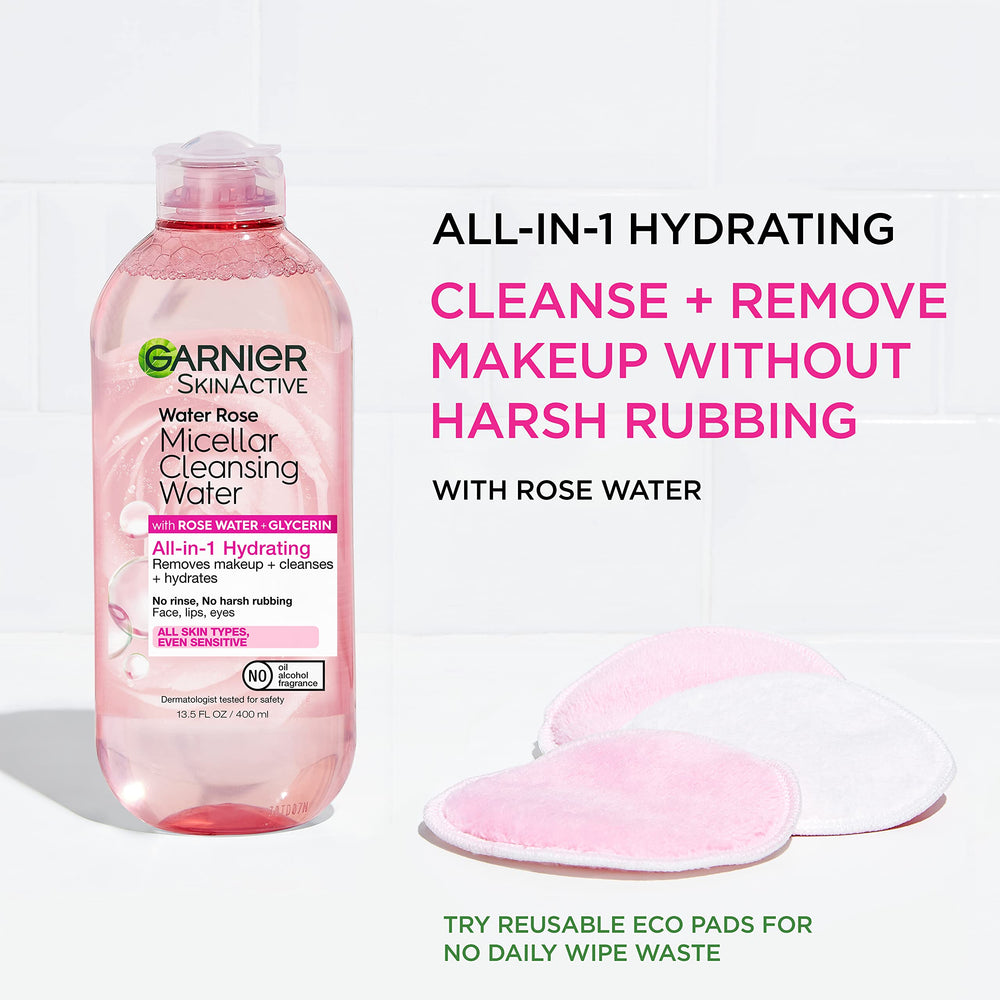 Garnier micellar water rose bottle with cotton pad for makeup removal