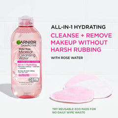 Garnier micellar water rose bottle with cotton pad for makeup removal