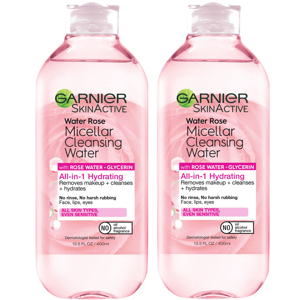 Garnier micellar water rose water bottle close-up, hydrating cleanser for all skin types