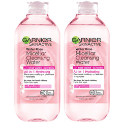 Garnier micellar water rose water bottle close-up, hydrating cleanser for all skin types