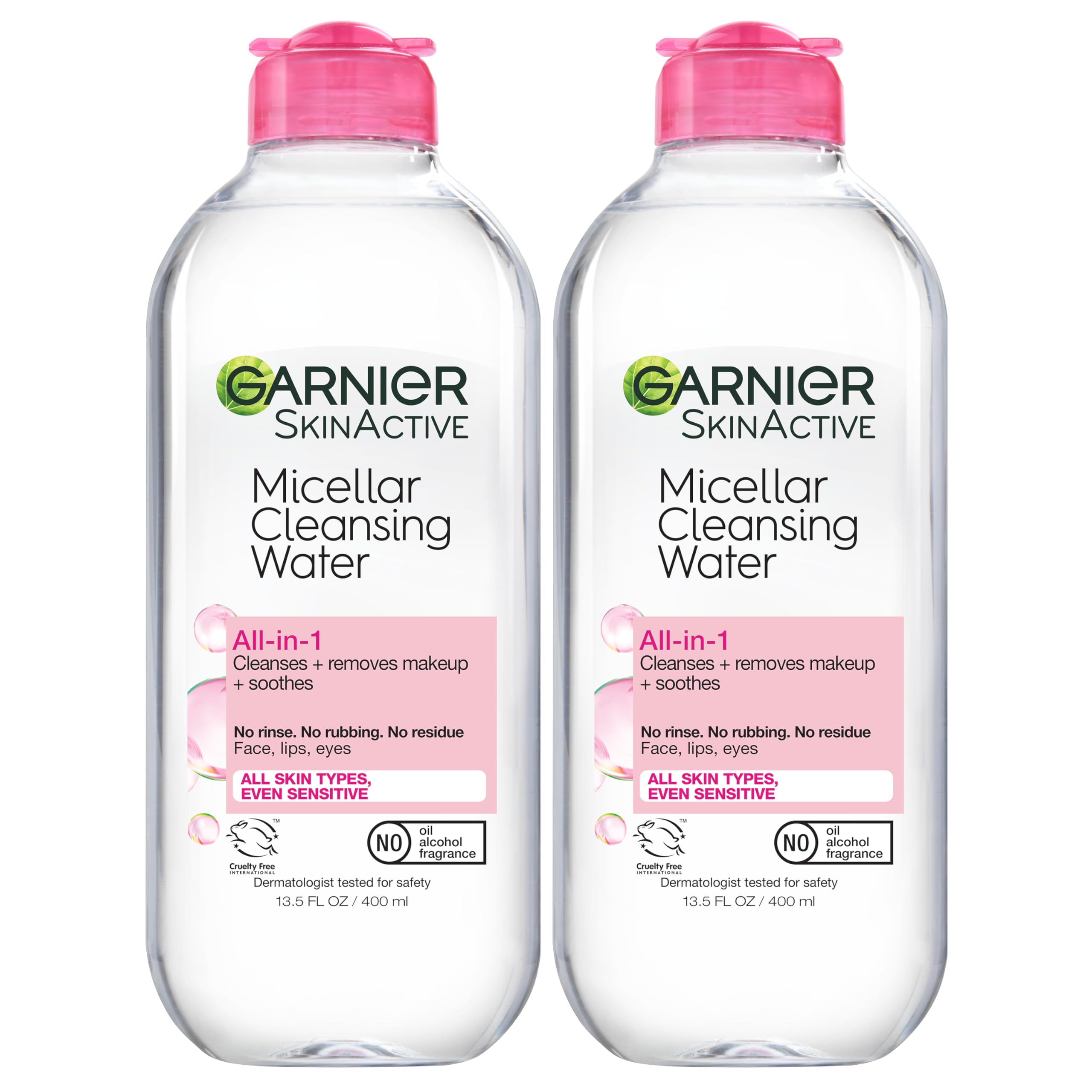 Garnier Micellar Water two-bottles close-up showing gentle makeup removal action