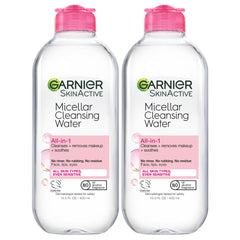 Garnier Micellar Water two-bottles close-up showing gentle makeup removal action