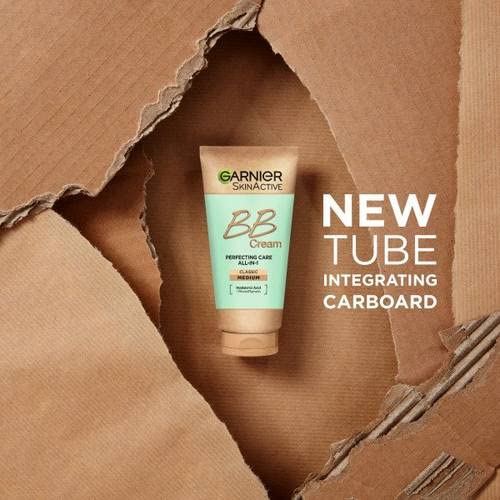 Garnier packaging image highlighting cardboard tube and FSC-certified recyclable box.