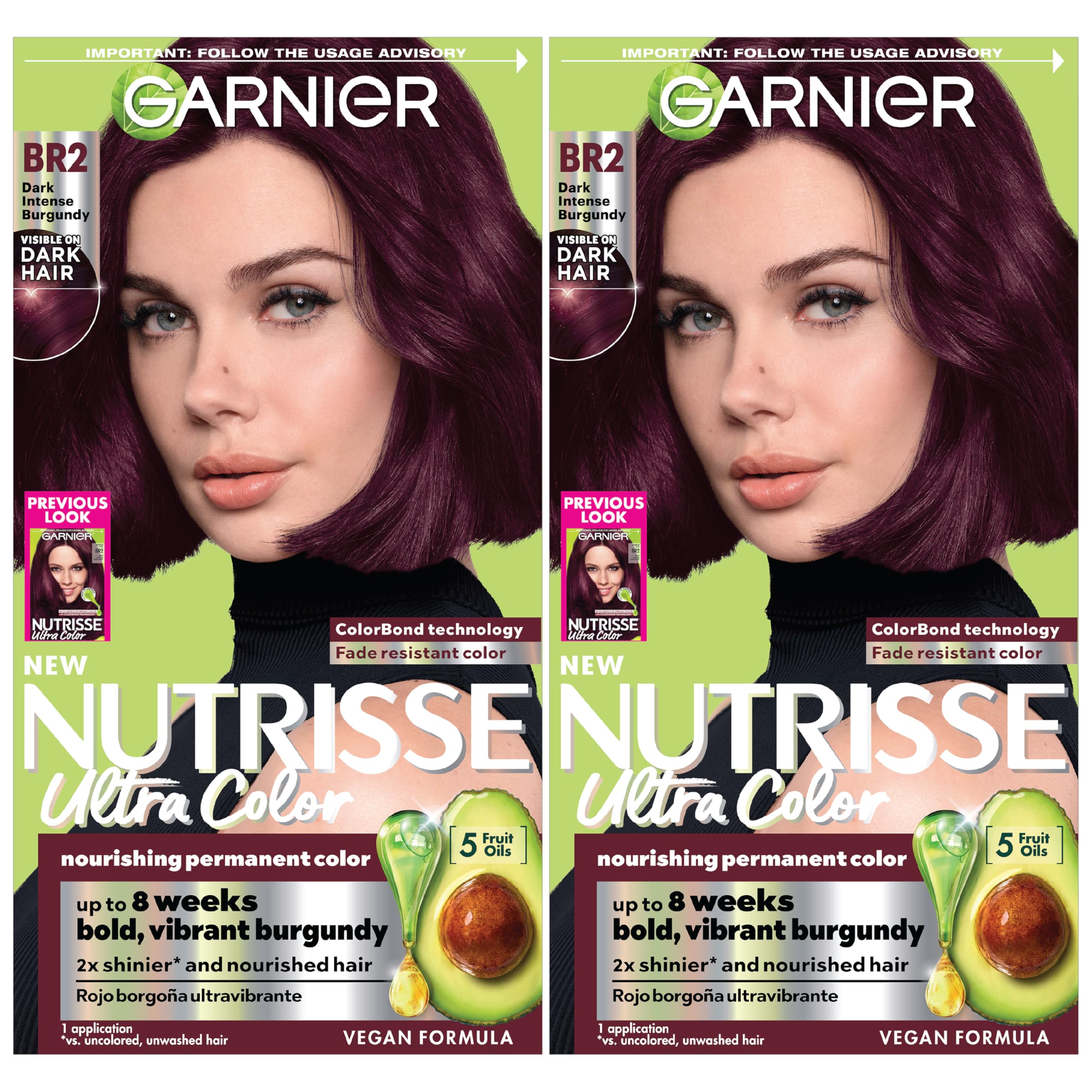 Garnier Nutrisse BR2 bottle pour reveals rich burgundy for lasting color on dark hair.