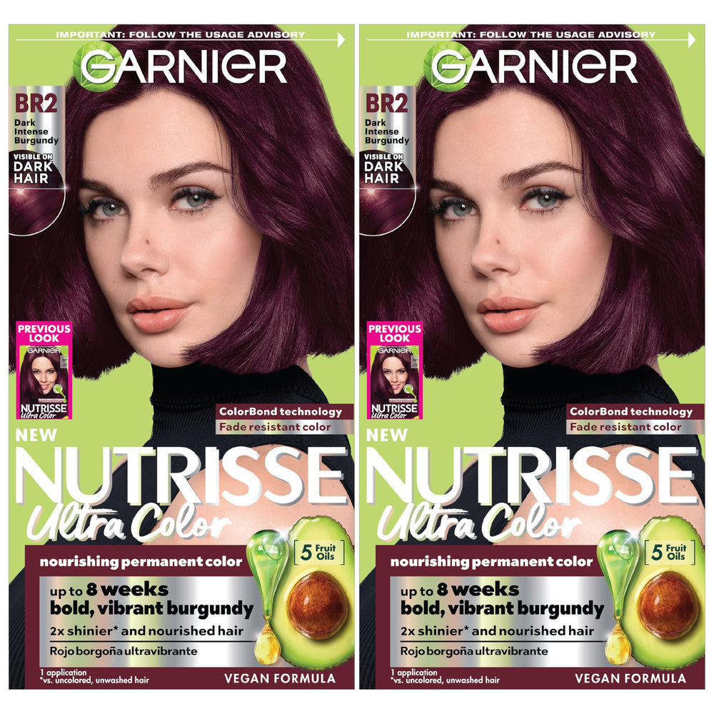 Garnier Nutrisse BR2 bottle pour reveals rich burgundy for lasting color on dark hair.