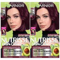 Garnier Nutrisse BR2 bottle pour reveals rich burgundy for lasting color on dark hair.