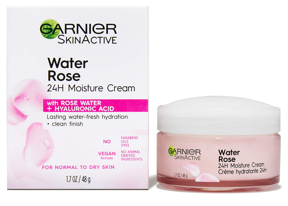 Garnier rose-water-cream on face demonstrates smooth, non-greasy finish.