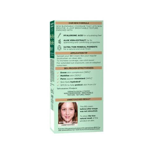 Garnier Skin Naturals BB Light Cream packaging highlights natural ingredients.