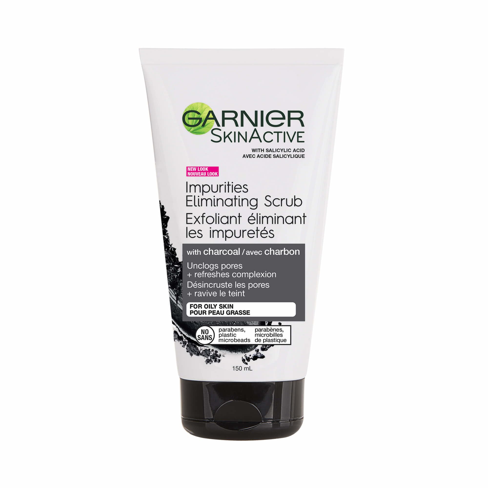 Garnier SkinActive Charcoal Scrub jar close-up helps purify pores and smooth skin.
