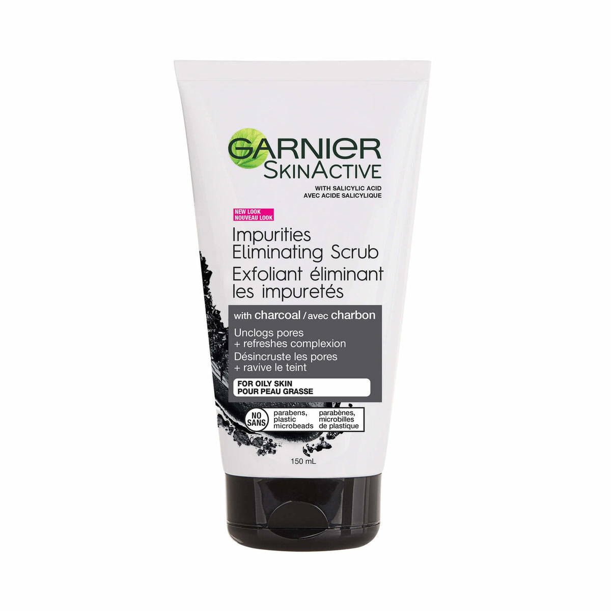 Garnier SkinActive Charcoal Scrub jar close-up helps purify pores and smooth skin.