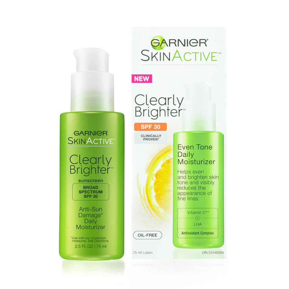 Garnier SkinActive Clearly Brighter SPF30 moisturizer bottle for daily brightening and protection