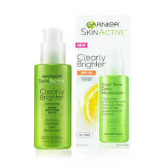 Garnier SkinActive Clearly Brighter SPF30 moisturizer bottle for daily brightening and protection
