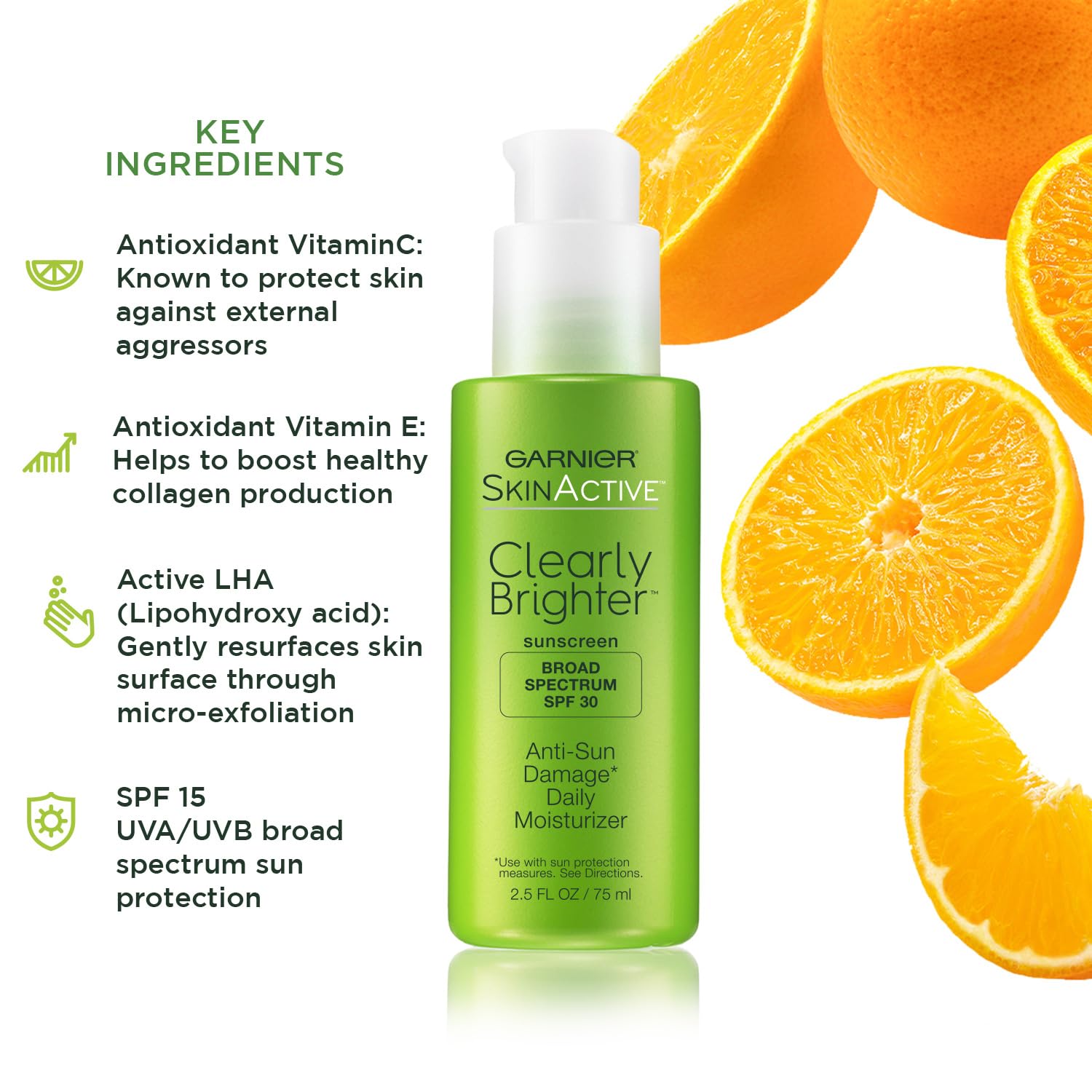 Garnier SkinActive Clearly Brighter SPF30 texture swatch showing oil-free finish