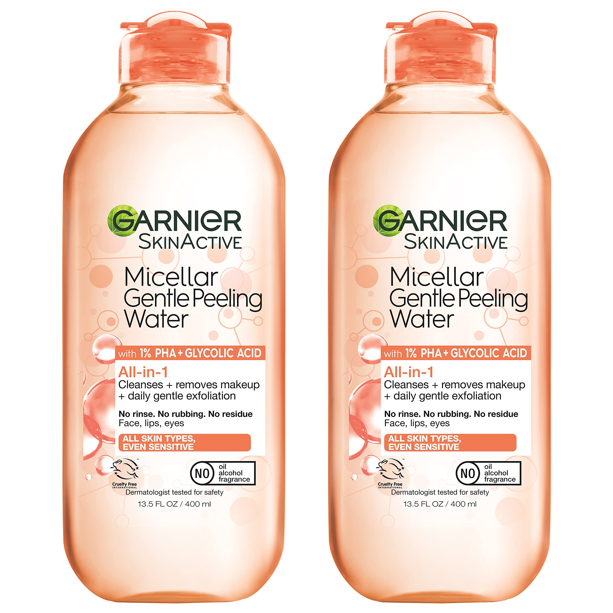 Garnier SkinActive Gentle Peeling Micellar Water 2-pack bottle for quick makeup removal and exfoliation