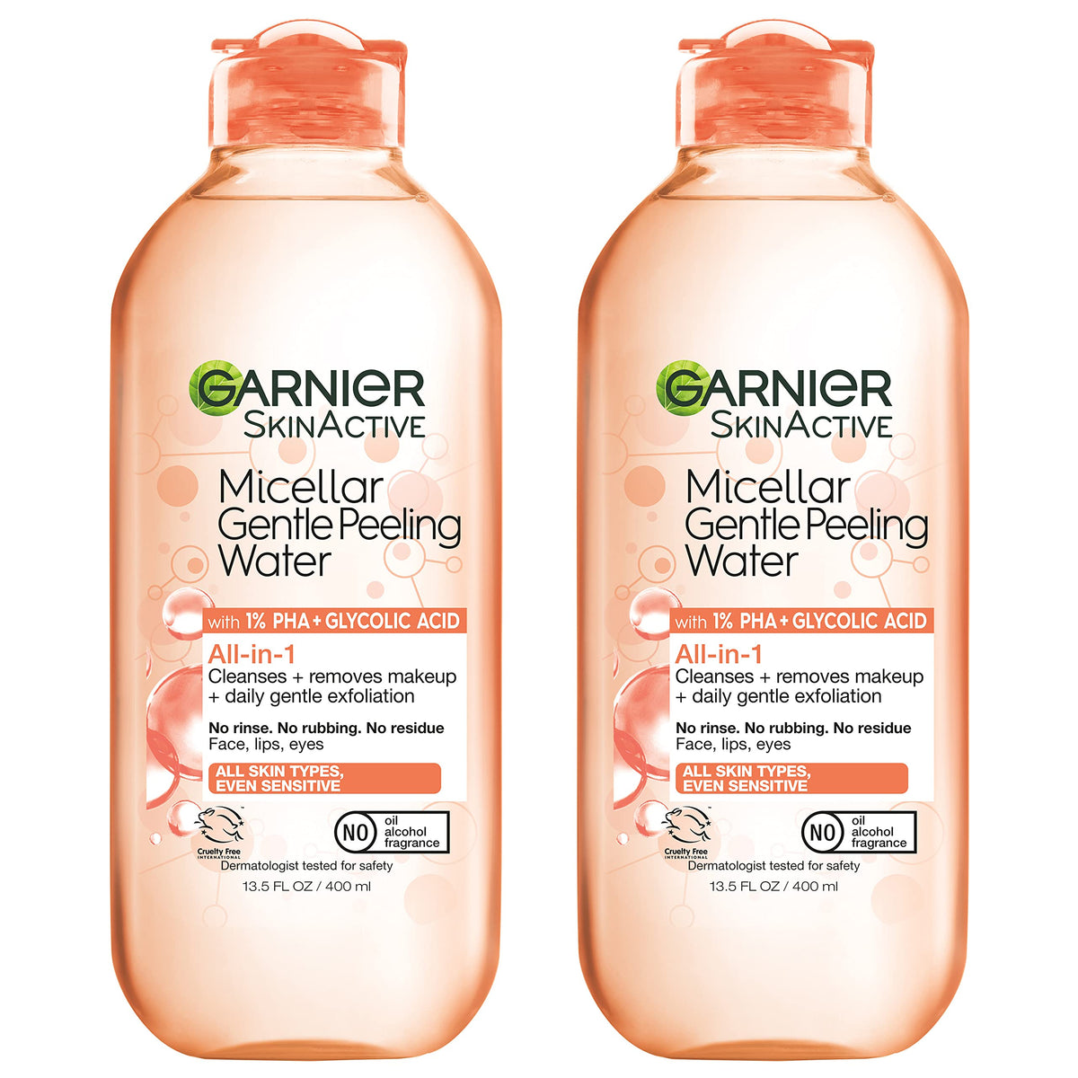 Garnier SkinActive Gentle Peeling Micellar Water 2-pack bottle for quick makeup removal and exfoliation