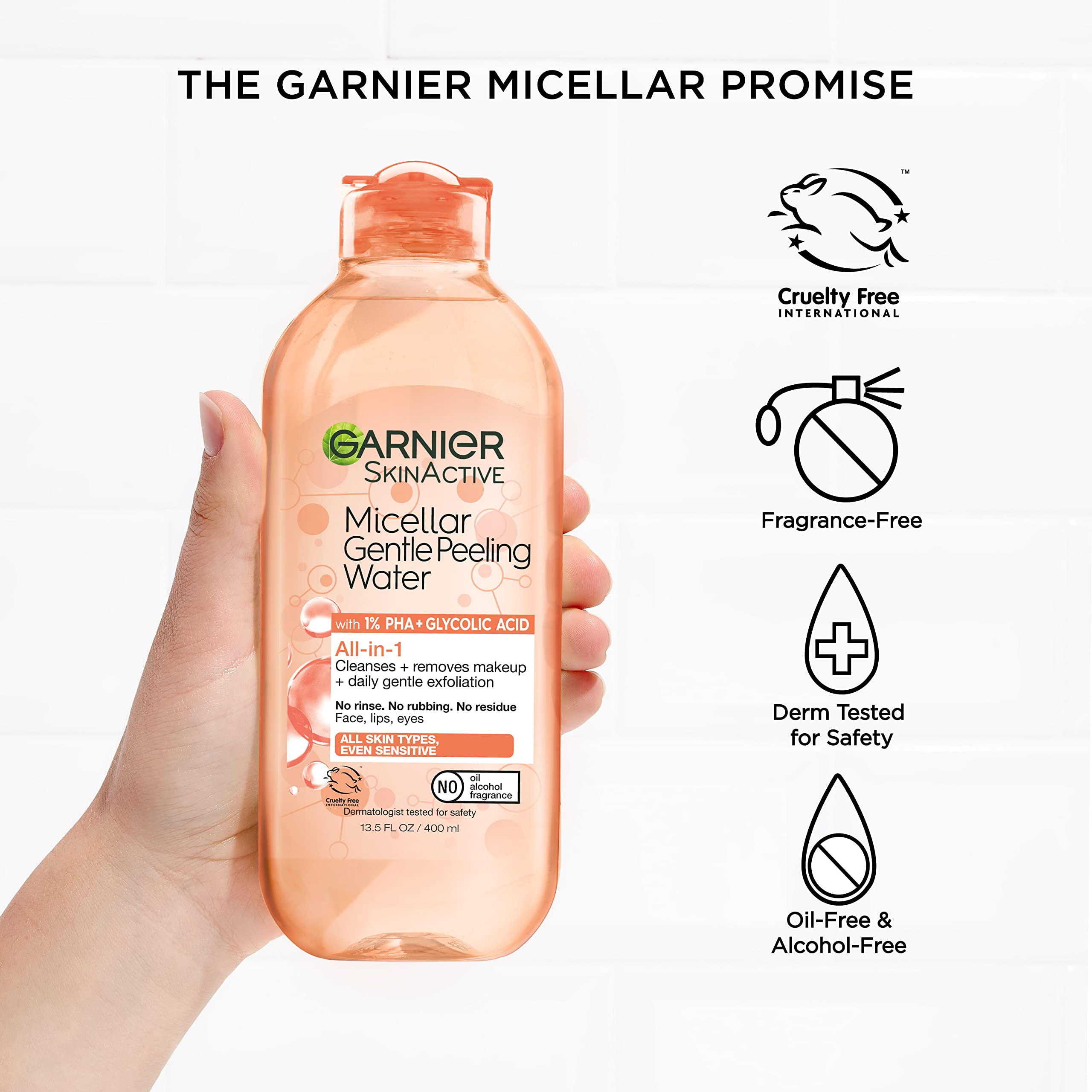 Garnier SkinActive Gentle Peeling Micellar Water closeup bottle highlighting Glycolic Acid benefits