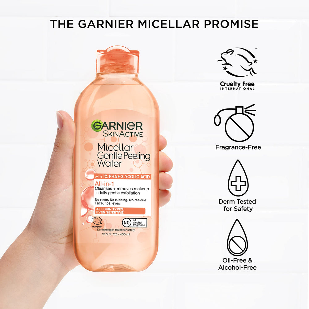 Garnier SkinActive Gentle Peeling Micellar Water closeup bottle highlighting Glycolic Acid benefits