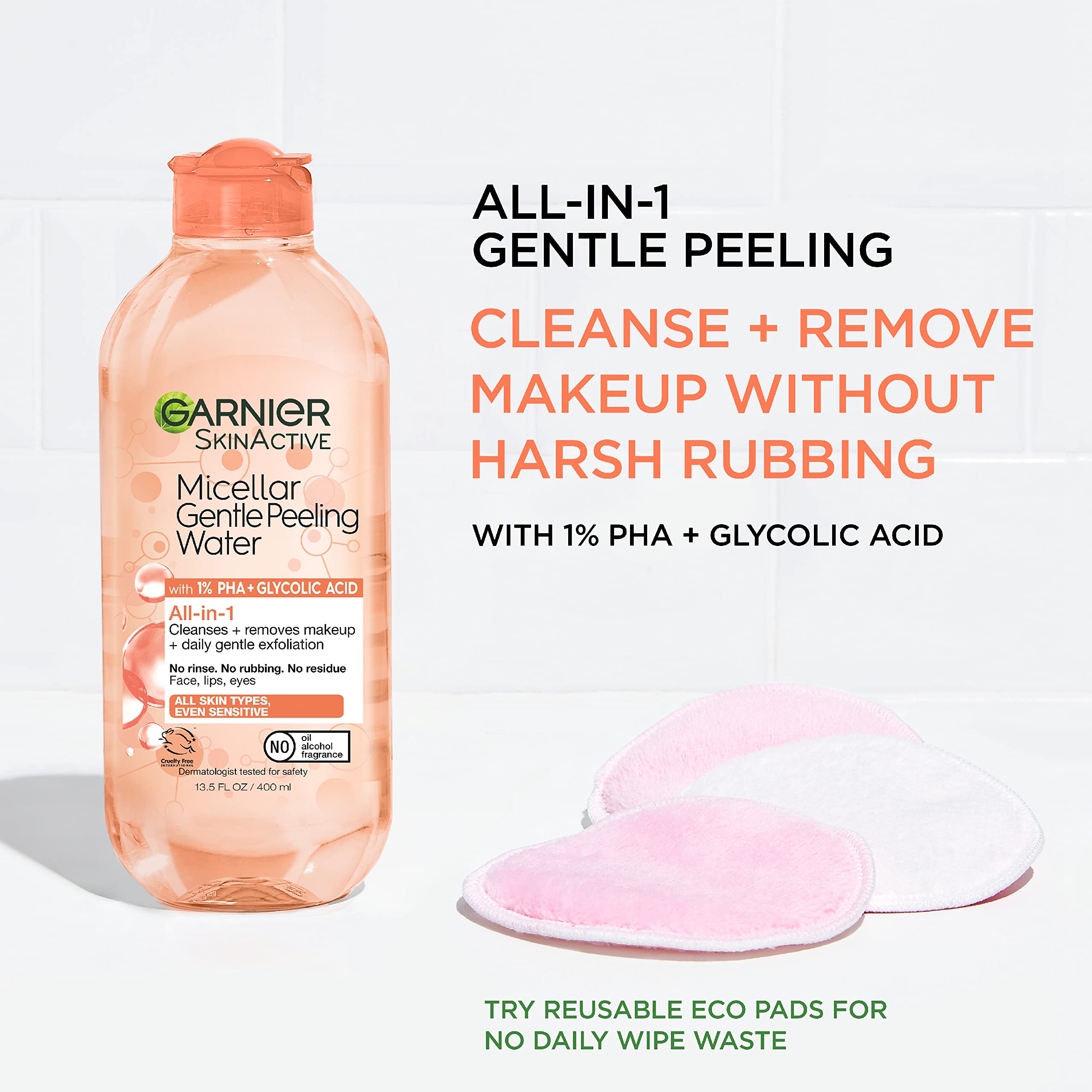 Garnier SkinActive with 1% PHA and Glycolic Acid visual explaining exfoliation action