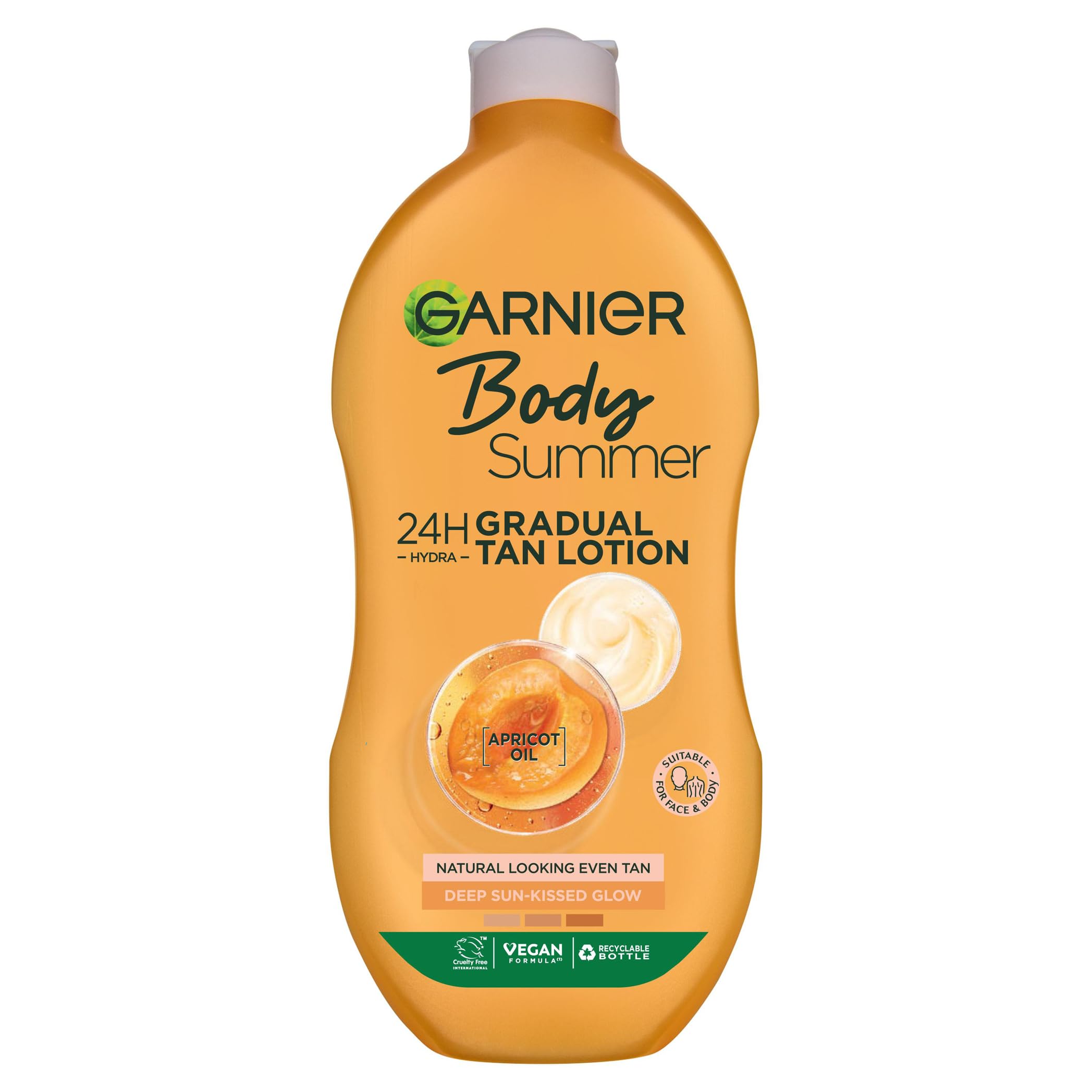 Garnier Summer Body Deep bottle shown for gradual tan and all-day hydration.
