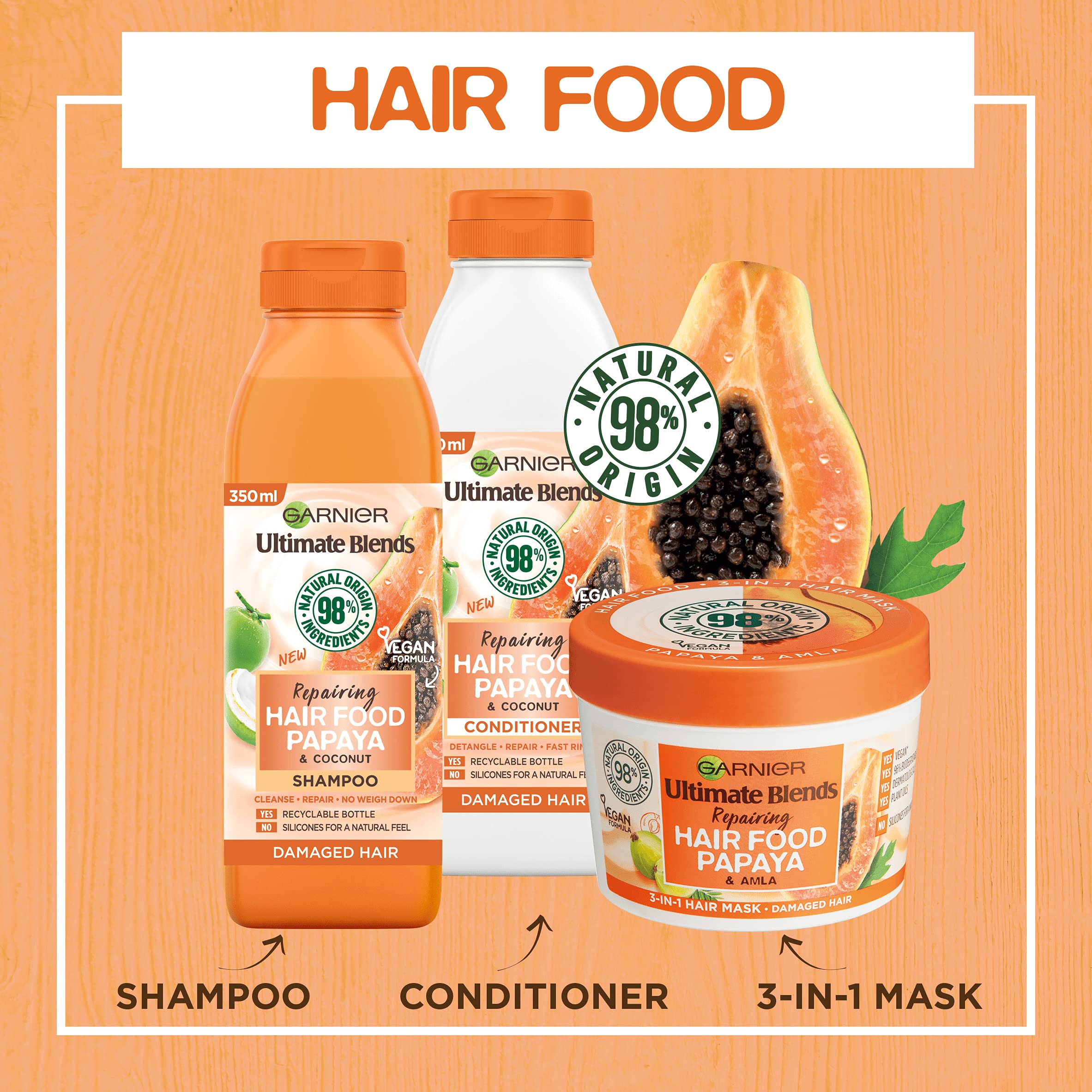 Garnier Ultimate Blends Papaya Amla 390ml jar on bathroom shelf.