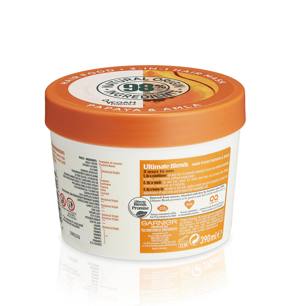 Garnier Papaya Amla 3-in-1 use graphic illustrating conditioner, mask, leave-in.