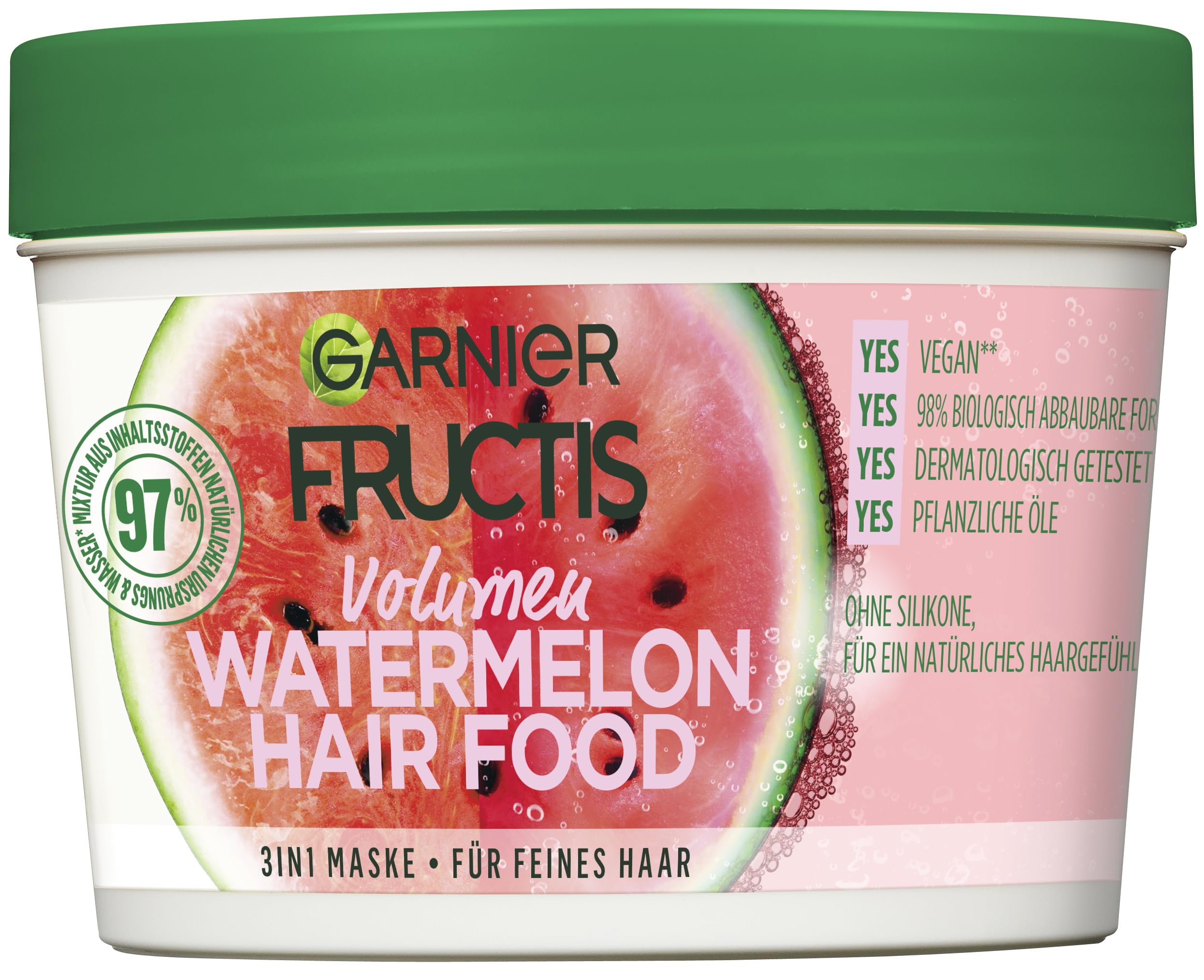 Garnier Watermelon Hairfood 3in1 bottle close-up showing shine and vegan formula