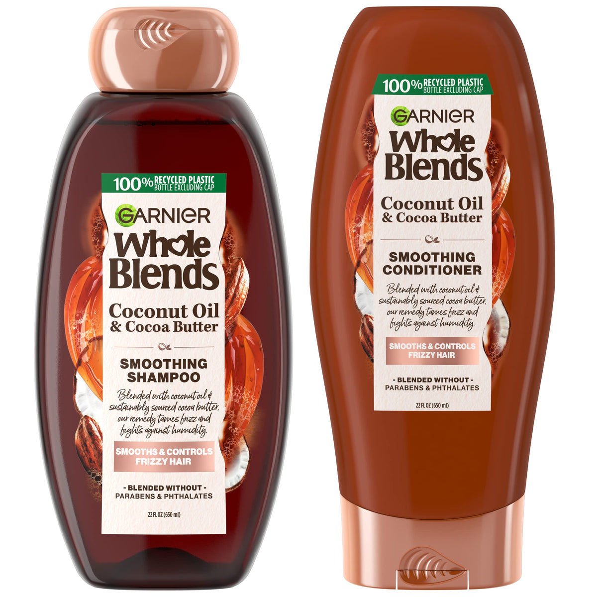 Garnier Whole Blends coconut oil shampoo bottle showing frizz-control potential