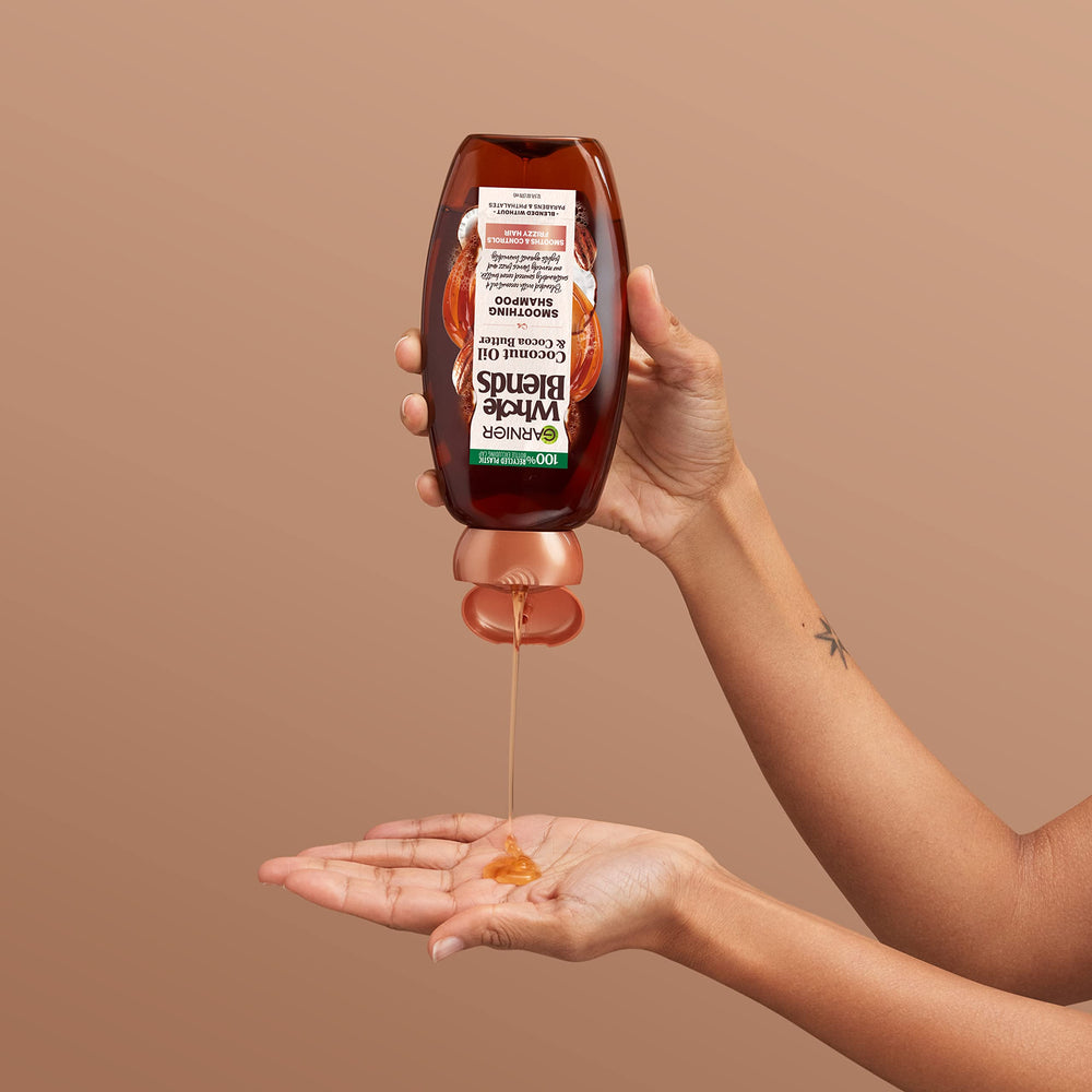 Garnier Whole Blends 24-hour frizz-taming routine imagery for daily care