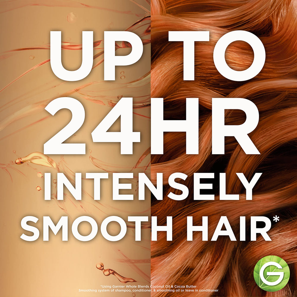 Garnier smoothing shampoo bottle close-up highlighting recyclable packaging.