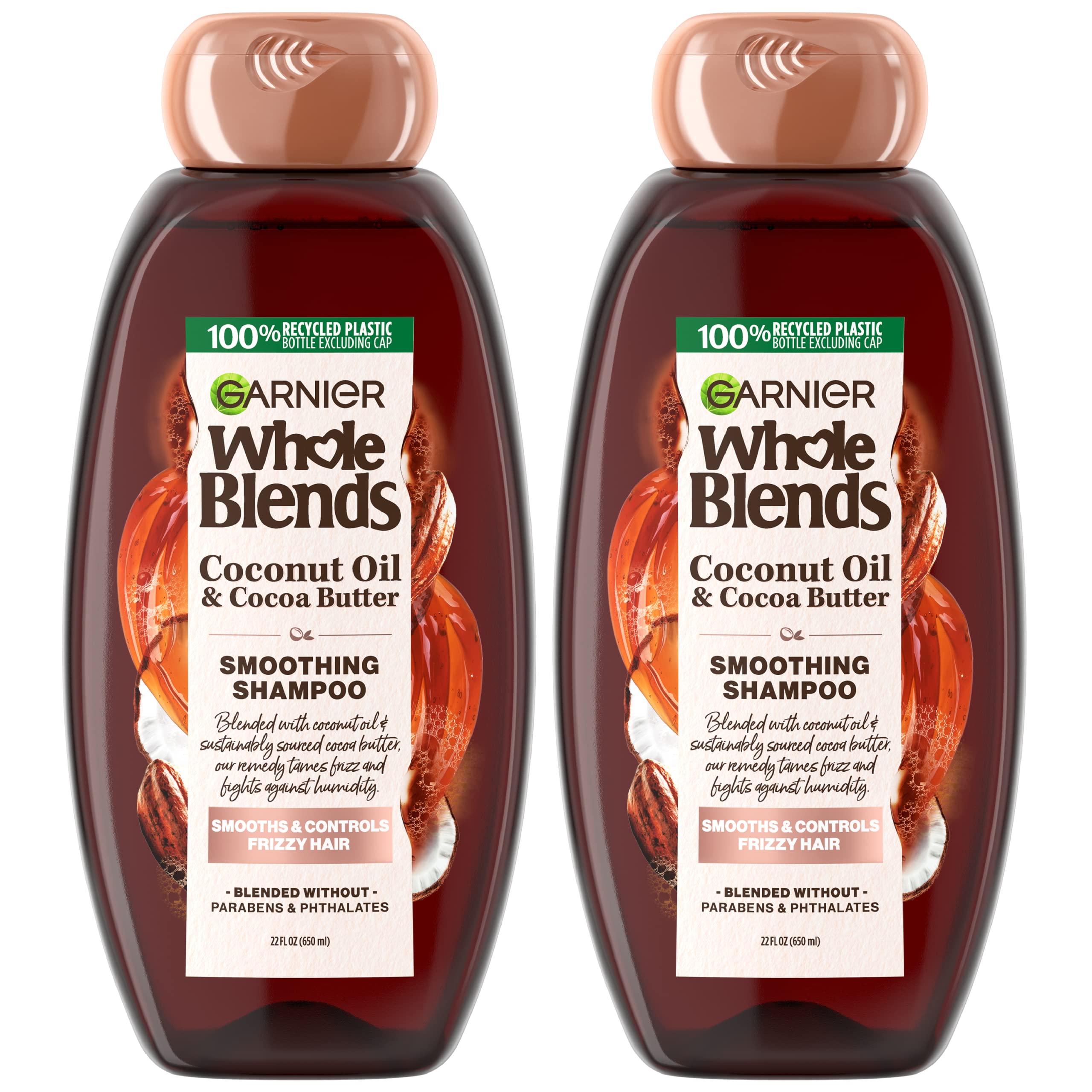 Garnier Whole Blends smoothing shampoo twinpack bottle showing frizz control.