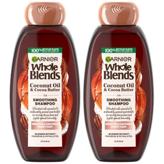 Garnier Whole Blends smoothing shampoo twinpack bottle showing frizz control.