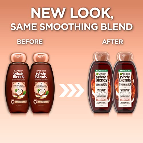 Garnier Whole Blends smoothing shampoo twinpack close-up bottle illustrating smoothing.