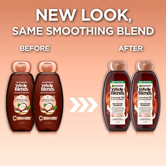 Garnier Whole Blends smoothing shampoo twinpack close-up bottle illustrating smoothing.