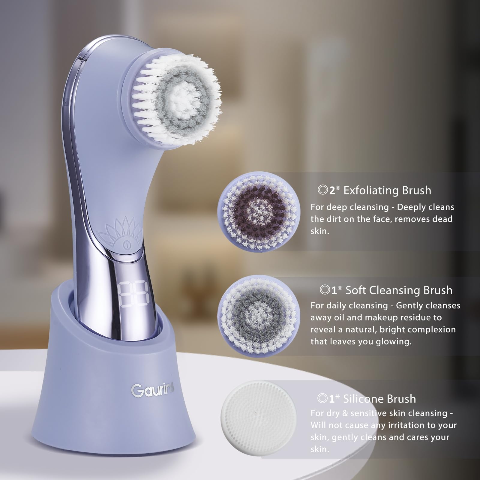 Gaurins exfoliating brush head 2 targets deeper cleansing of pores.