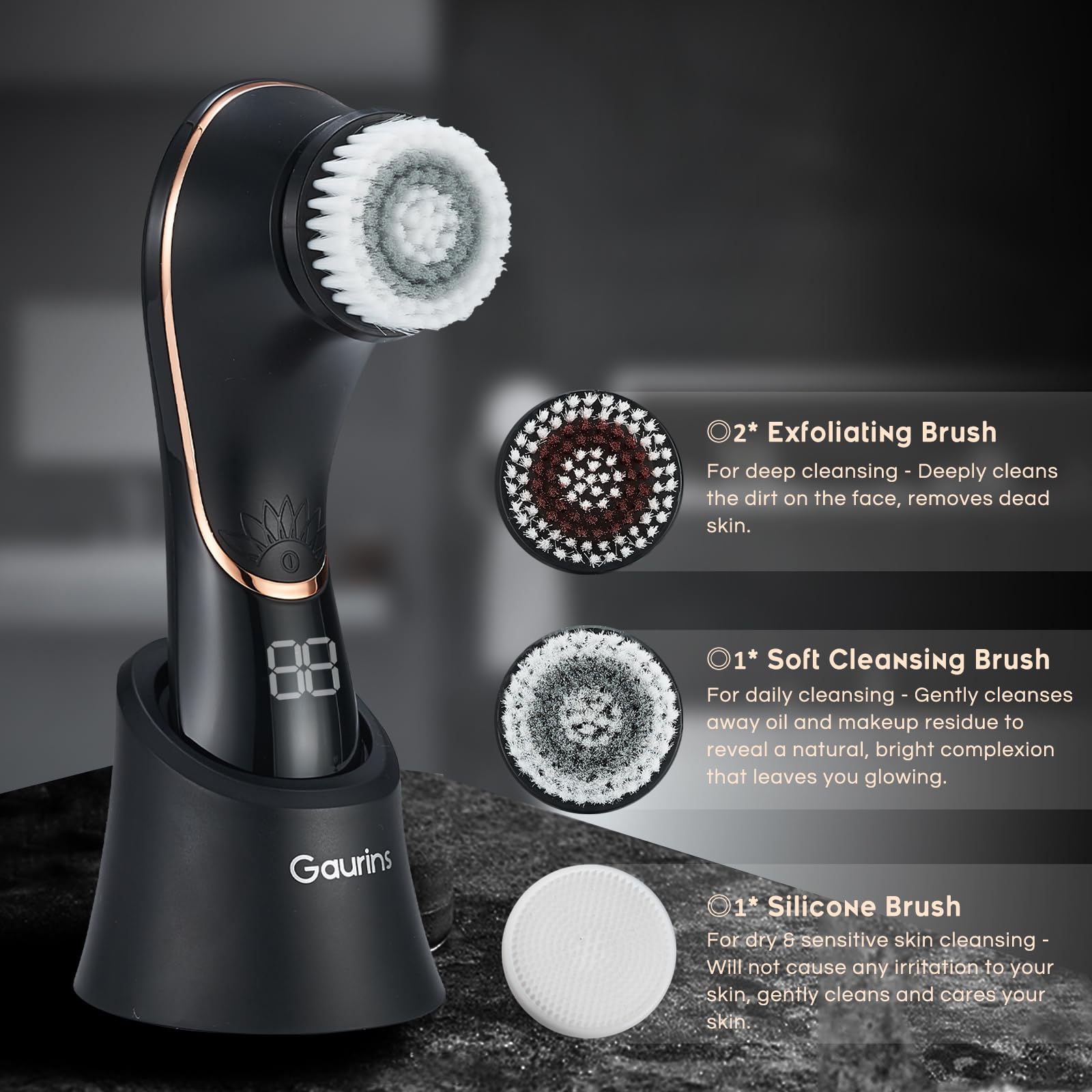 Gaurins soft cleansing head provides gentle daily washing for sensitive skin.