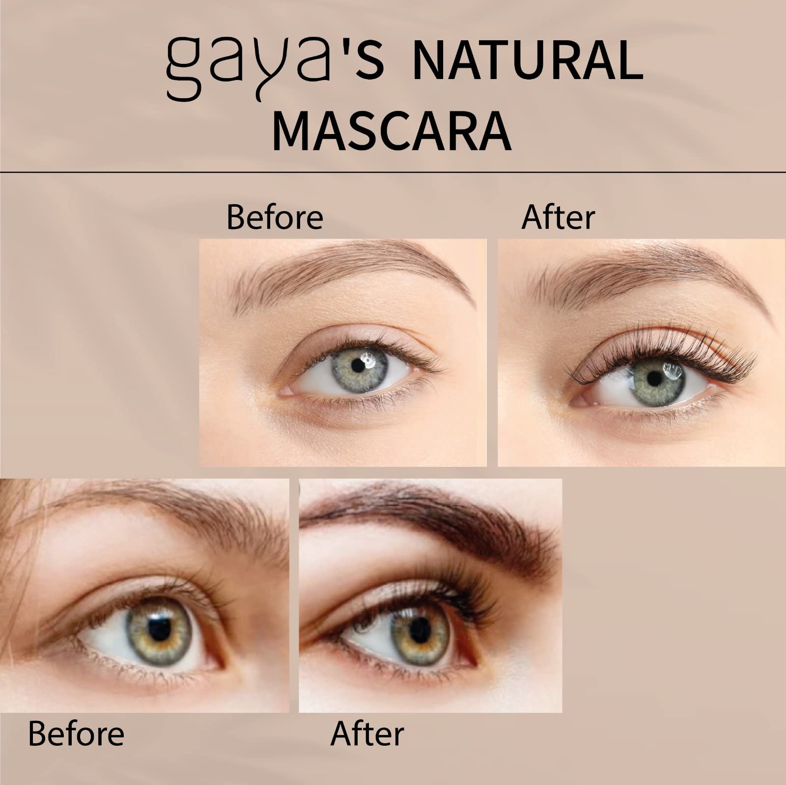 Gaya Cosmetics vegan black mascara applied lashes demonstrate natural length.