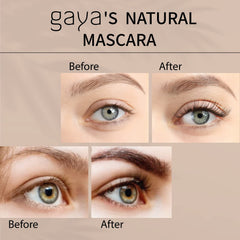 Gaya Cosmetics vegan black mascara applied lashes demonstrate natural length.