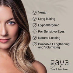 Gaya Cosmetics vegan black mascara bottle highlights design and safety.