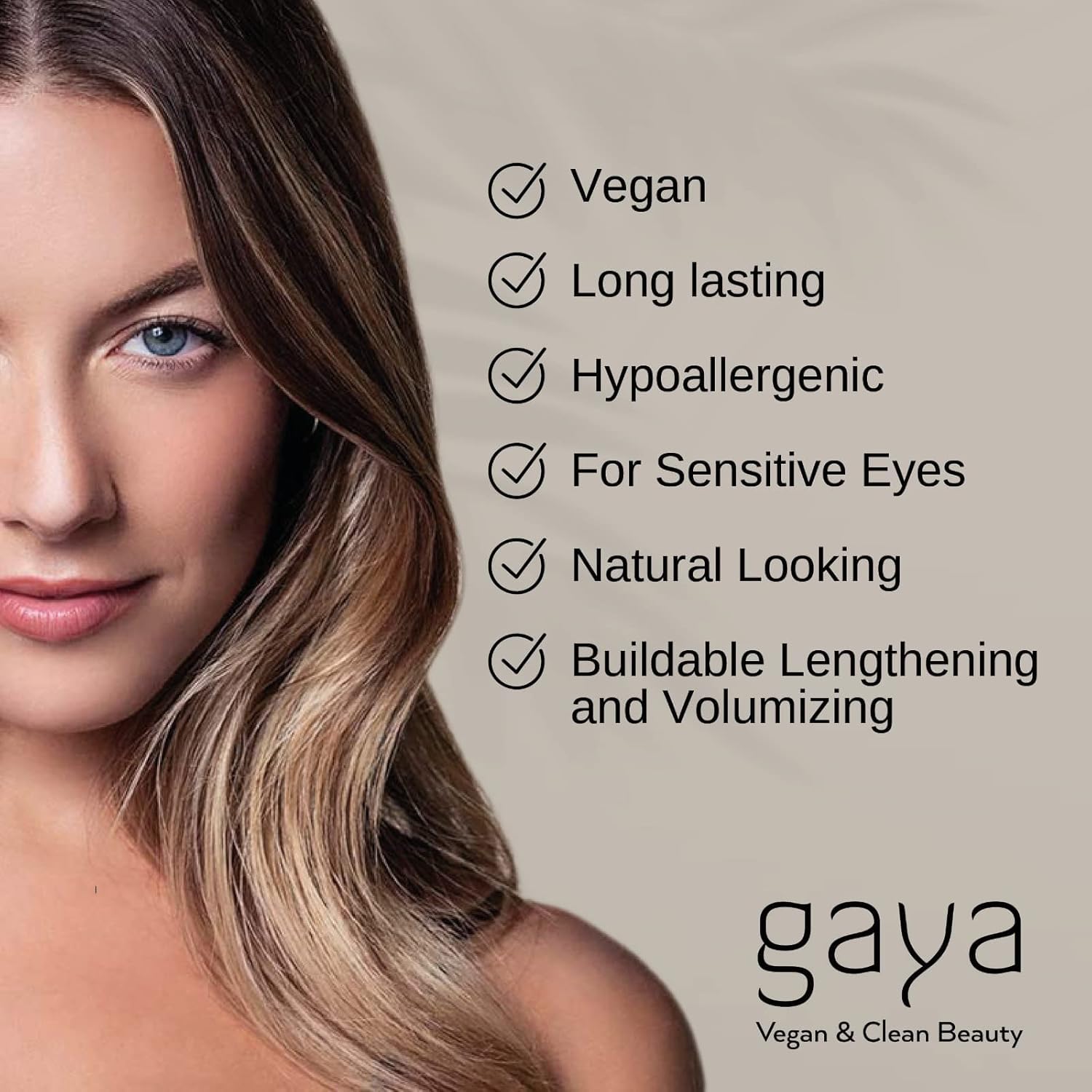Gaya Cosmetics brown mascara on lashes shows length and separation