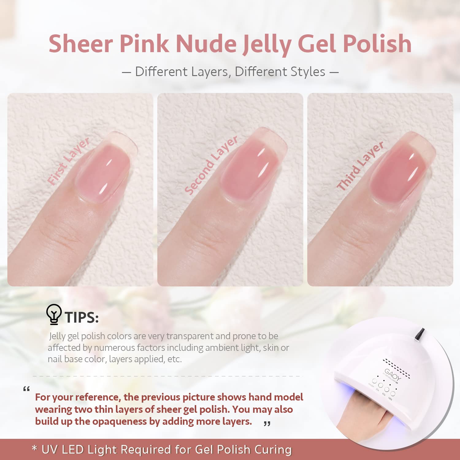 GAOY Jelly Nude Pink gel polish application close-up for DIY nails.