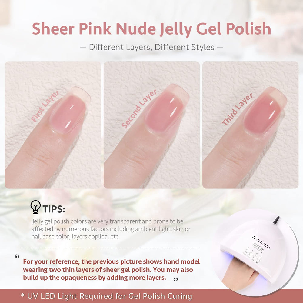GAOY Jelly Nude Pink gel polish application close-up for DIY nails.