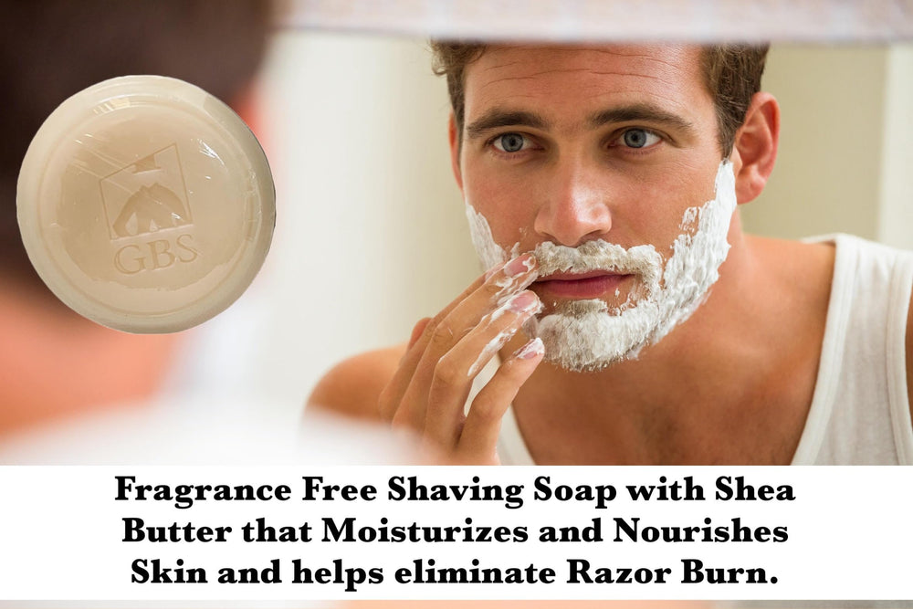 G.B.S GENTS shaving soap bars close-up showcases rich lather and shea butter moisture.