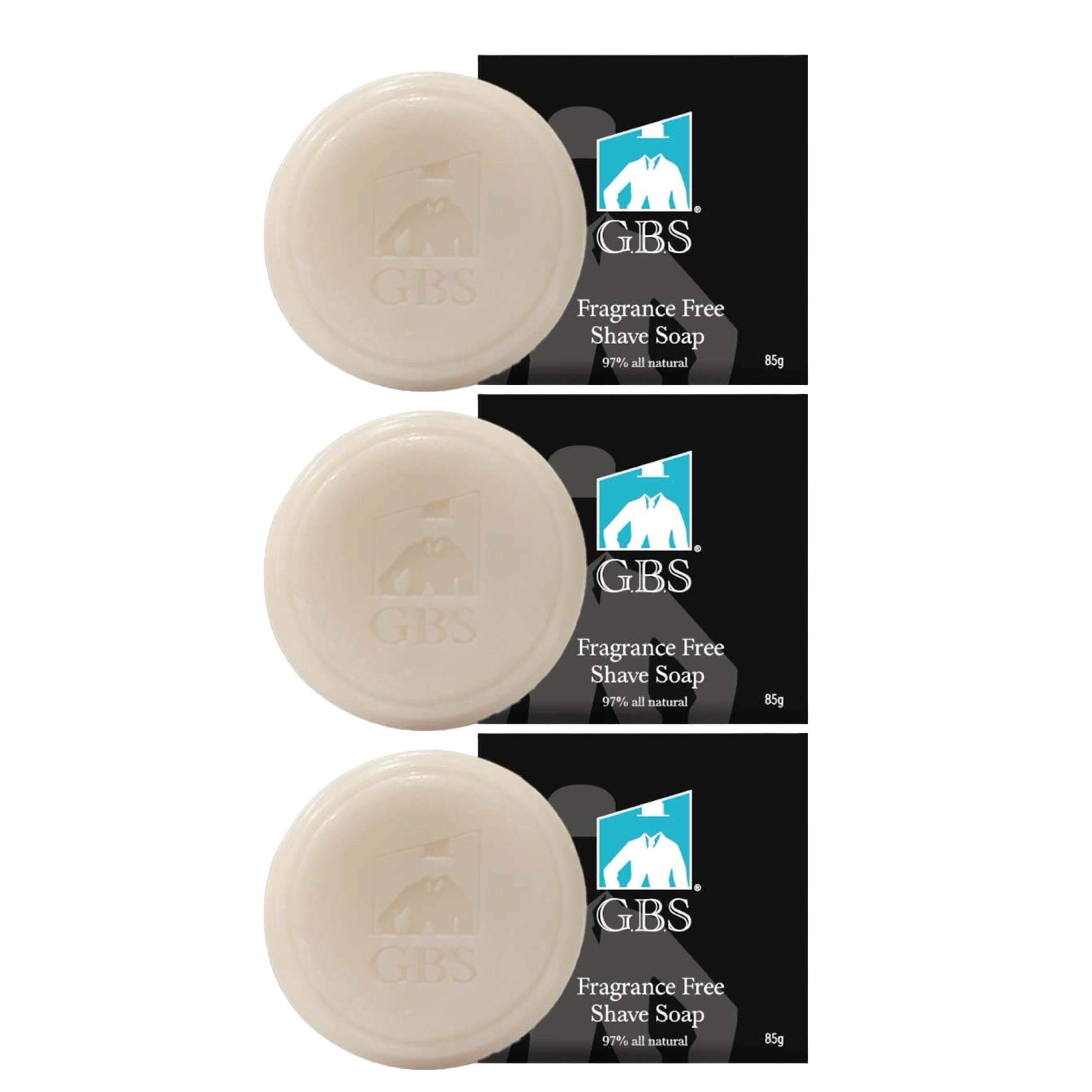 G.B.S GENTS shaving soap set packaging highlights fragrance-free premium care for sensitive skin.