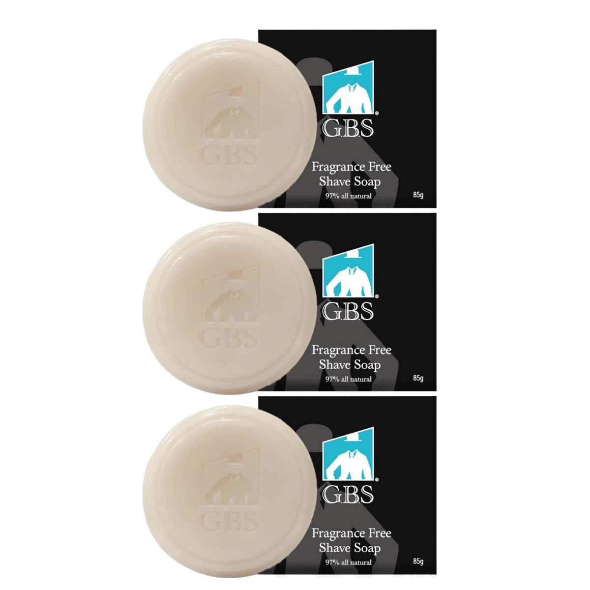 G.B.S GENTS shaving soap set packaging highlights fragrance-free premium care for sensitive skin.