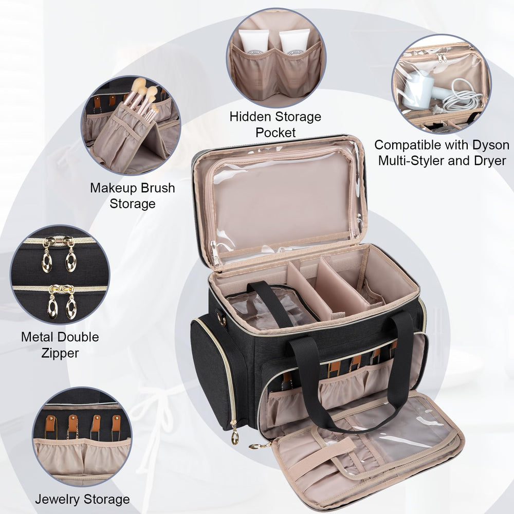 GDNasist large makeup bag inside layout showing two flexible dividers and small pockets for cosmetics