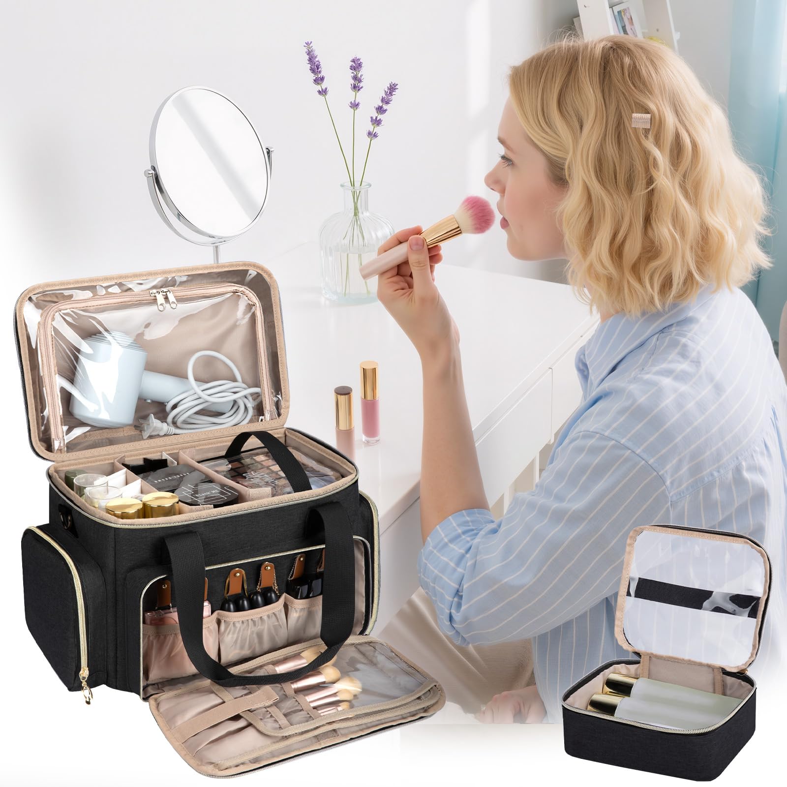 GDNasist large makeup bag open main compartments highlighting organized storage for palettes and bottles
