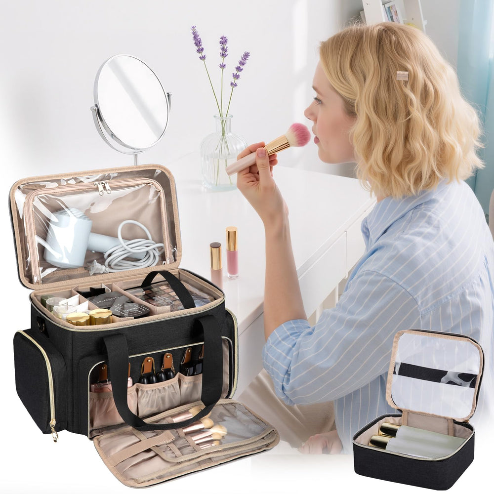 GDNasist large makeup bag open main compartments highlighting organized storage for palettes and bottles
