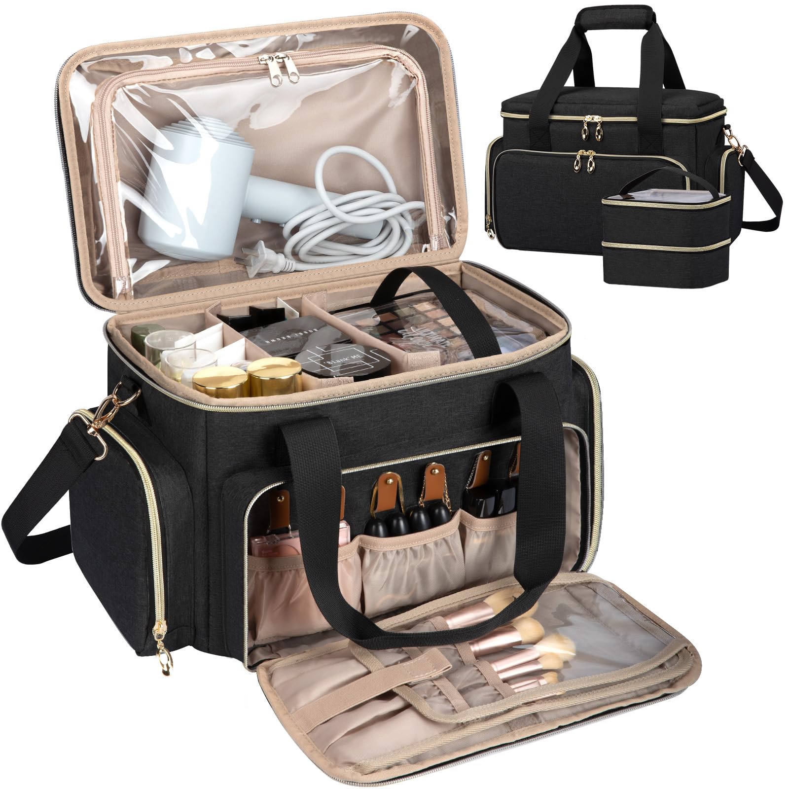 GDNasist large makeup bag side view showing generous capacity for cosmetics on the go