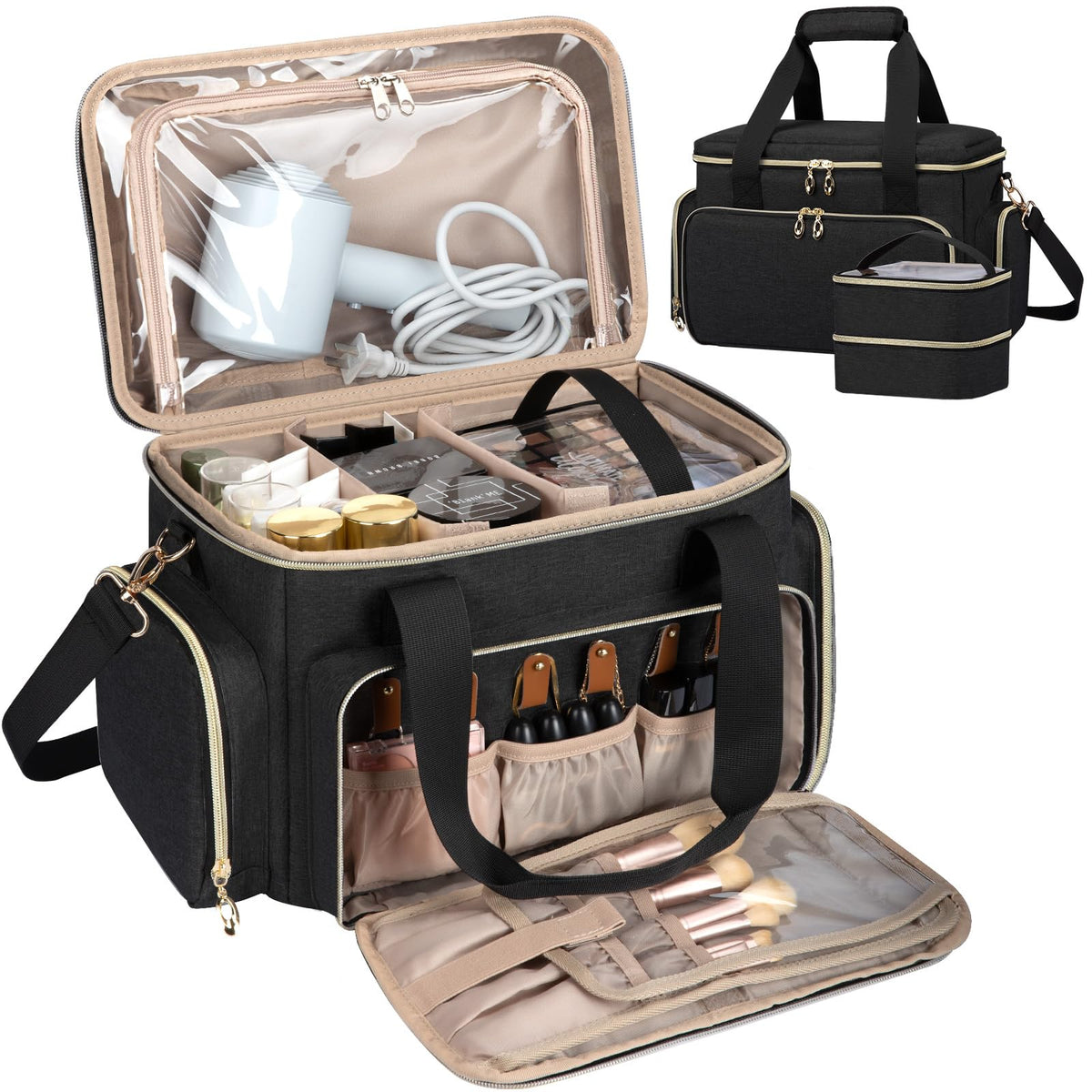 GDNasist large makeup bag side view showing generous capacity for cosmetics on the go